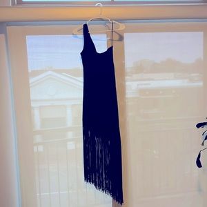 Black velvet one shoulder evening dress